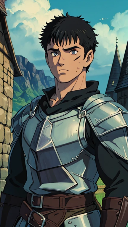 (1man, guts \(berserk\)), (extremely detailed CG unit 8k wallpaper),(master part), (best quality), (ultra detail), (best illustration),(melhor ombre), cowboy shot, (Sharp eyeliner, ombre, detailed eyes:1), medieval castle, outdoors, background,break , (ghibli style), upper body, muscular male, scar on face, short hair, black hair