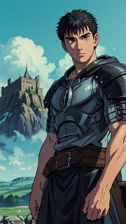 (1man, guts \(berserk\)), (extremely detailed CG unit 8k wallpaper),(master part), (best quality), (ultra detail), (best illustration),(melhor ombre), cowboy shot, (Sharp eyeliner, ombre, detailed eyes:1), medieval castle, outdoors, background,break , (ghibli style), upper body, muscular male, scar on face, short hair, black hair