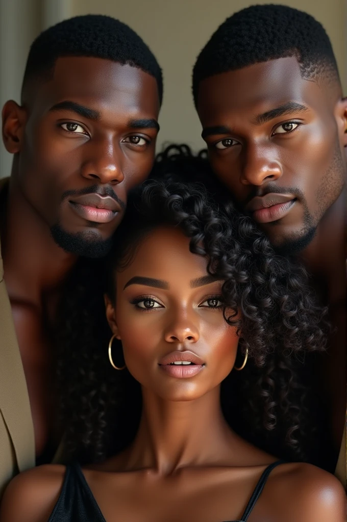 Two identical twins  handsome black men between them there is a beautiful black girl