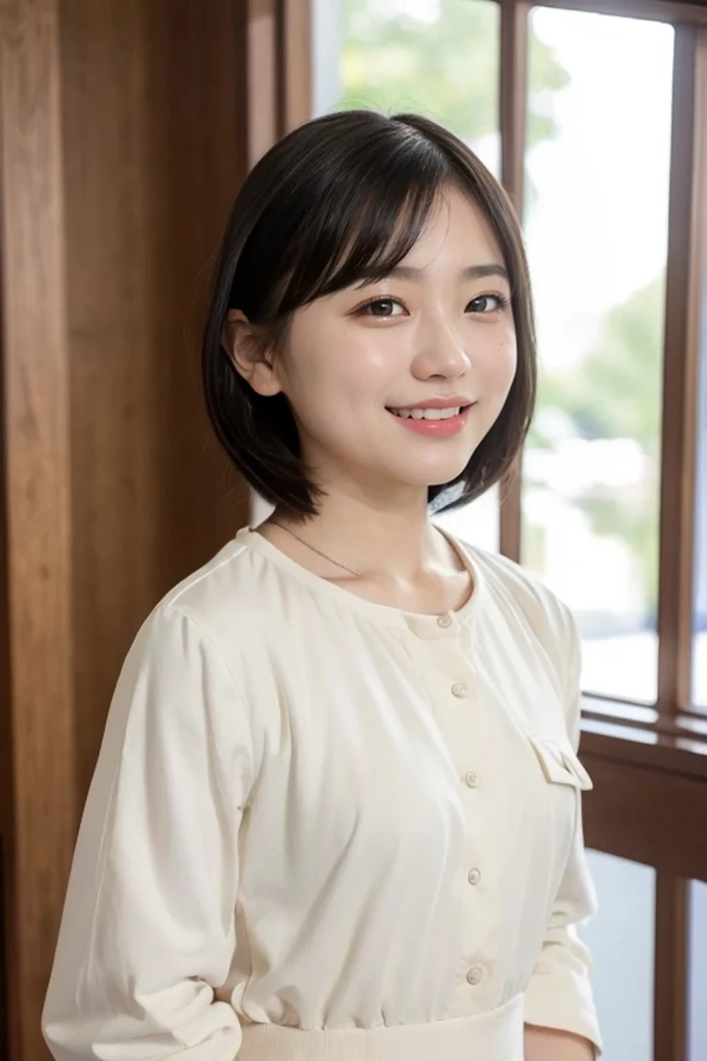 (natural lighting:1.3), 8k, RAW photo, best quality, masterpiece, realistic, photo-realistic, clear, beautiful face, no makeup, best quality, ultra high res, BREAK, Japanese cute girl, 14 years old, (bob hair:1.2), smile, standing, (election of nipples:1.2)