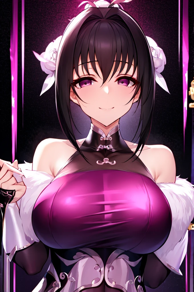 erotic、fgo Qin Liangyu、tall、 mature, Married women, Pale pink and white sparkly sequin dress、Off the shoulder、邪evilな女戦闘員, Pink and black background, Pitch-dark bedroom, Dark Theme, evil, lure, excited, Condescending smile, Lightly open your mouth、Sexy pose, Upper Body,