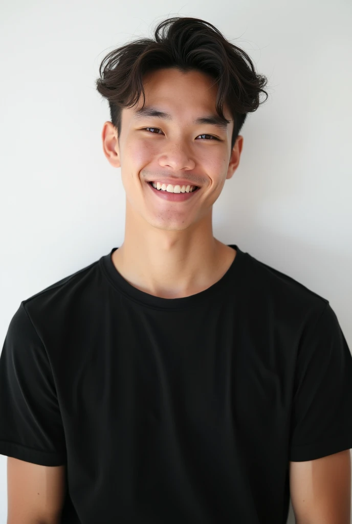 Young man wearing plain black unisex t-shirt, on a white background 