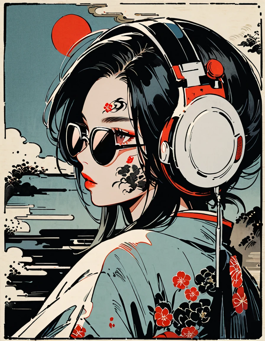 Ink Painting, (((1 girl))), (((Tattoos on the face))), (((sunglasses))), Japanese style headphones, beautiful girl, Black Hair, Delicate and precise, Modern ukiyo-e style, darkness