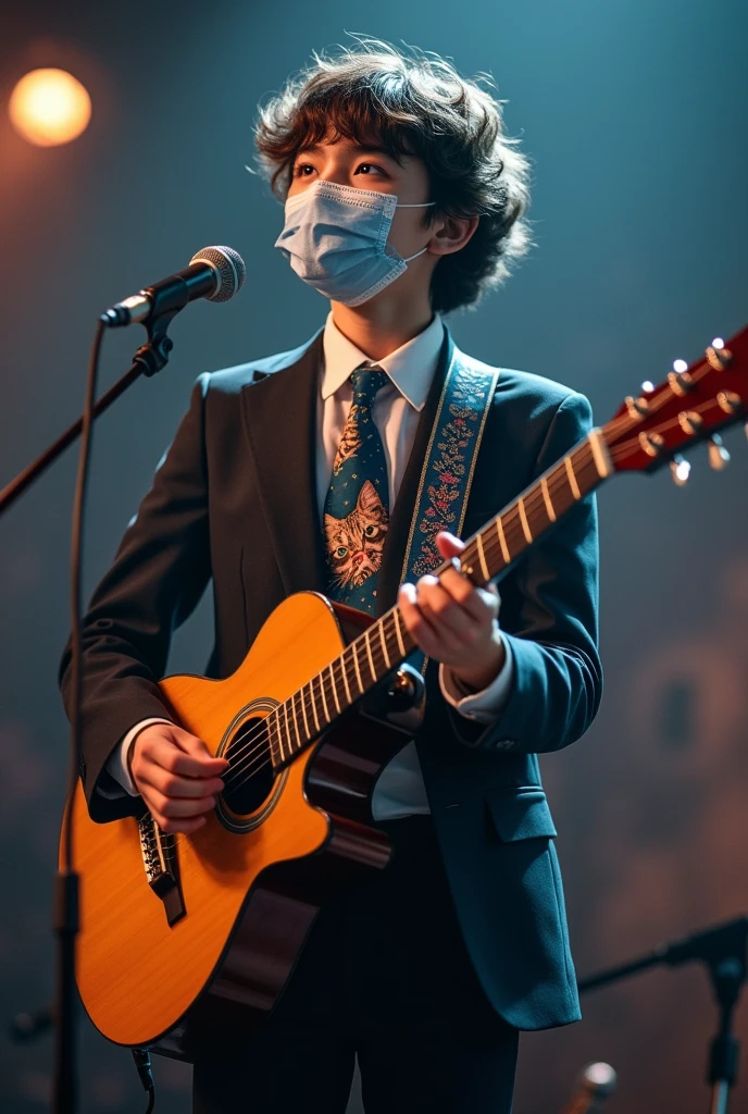 A -yeld teger dressed in a suit and cat tie playing the guitar with a face mask