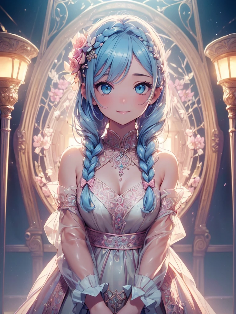 (((best quality, sharp image, clear image, cinematic lighting, 8k resolution, masterpiece, ultra detailed, intricate))) Girl, cute, intricate dress, braided hair, smiling,pastel pink, pastel blue, ((intricate background)), (flower frame), portal,frontview