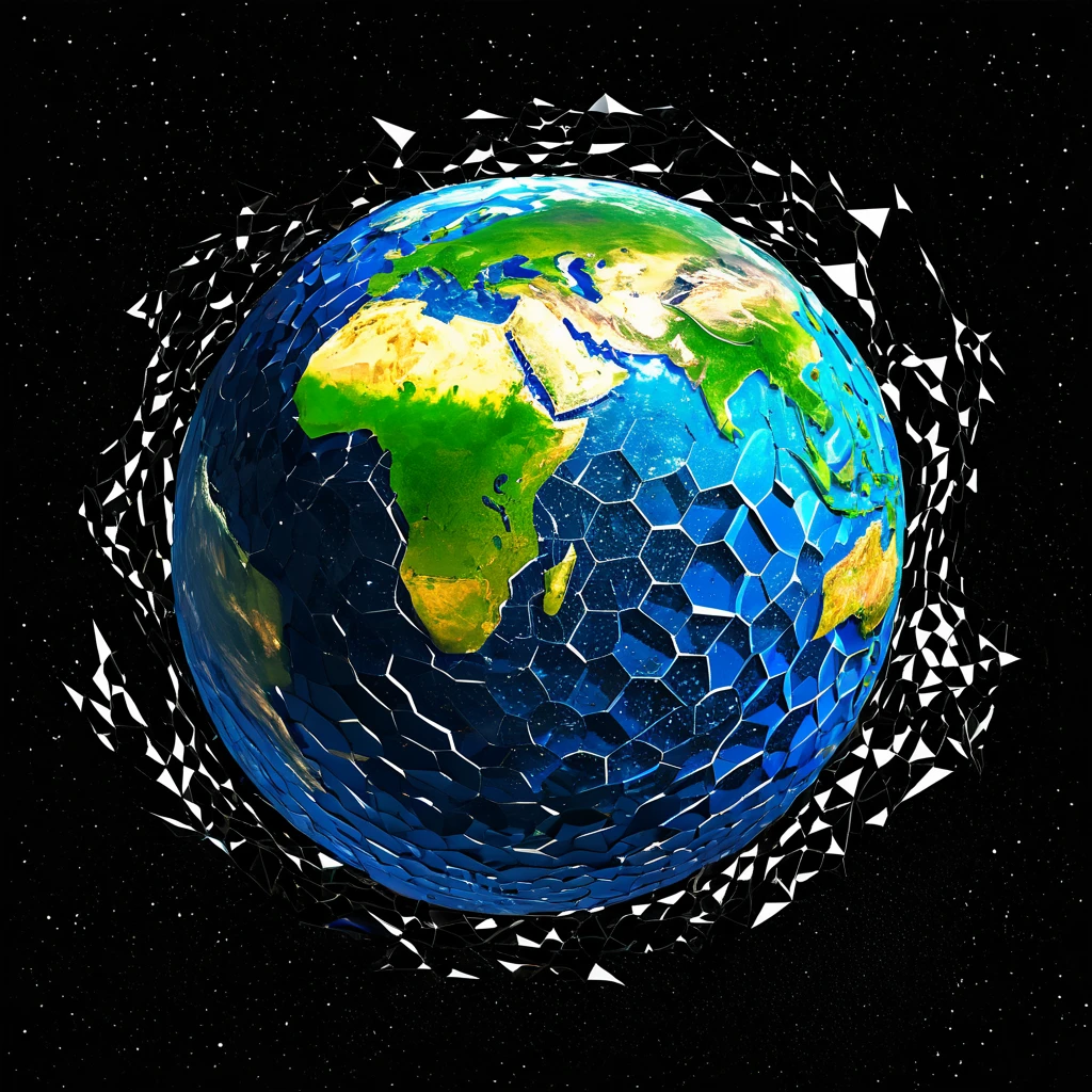 "Visualize an interpretation of the earth on one side of the face. Break down the shape of the Earth into geometric shapes and fragmented planes, To capture its movement and energy in a unique and abstract way. Incorporate bold colors and sharp angles, to convey a feeling of movement and tension. Play with perspective and layering, to create a multidimensional composition, which questions traditional notions of space and form. Be inspired by the avant-garde spirit of surreal realism and see nature in a fresh and innovative light.. Unleash your creativity, as you bring this imaginative scene to life on the screen