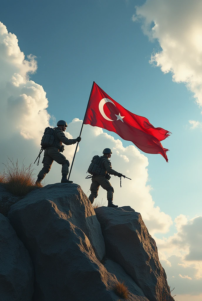 There is a war of 2 countries and the soldiers of one country are waving the flag on the rock and we won
