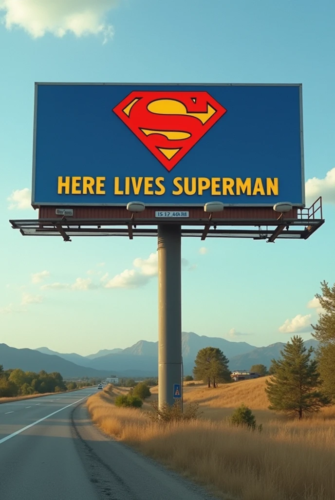 a roadside advertisement where you flirt "Here lives Superman" and add your logo, The announcement is like those welcoming people to the towns in the USA
