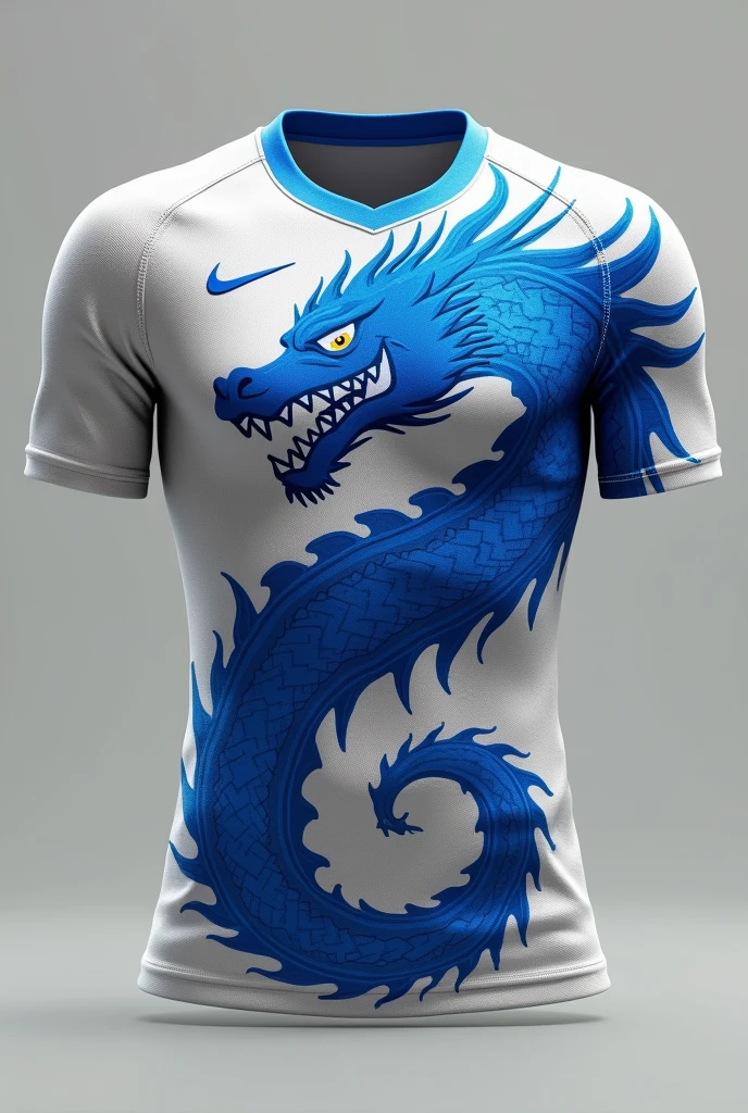 Football uniform without player in silver color ,with giant blue dragon ,by nike brand