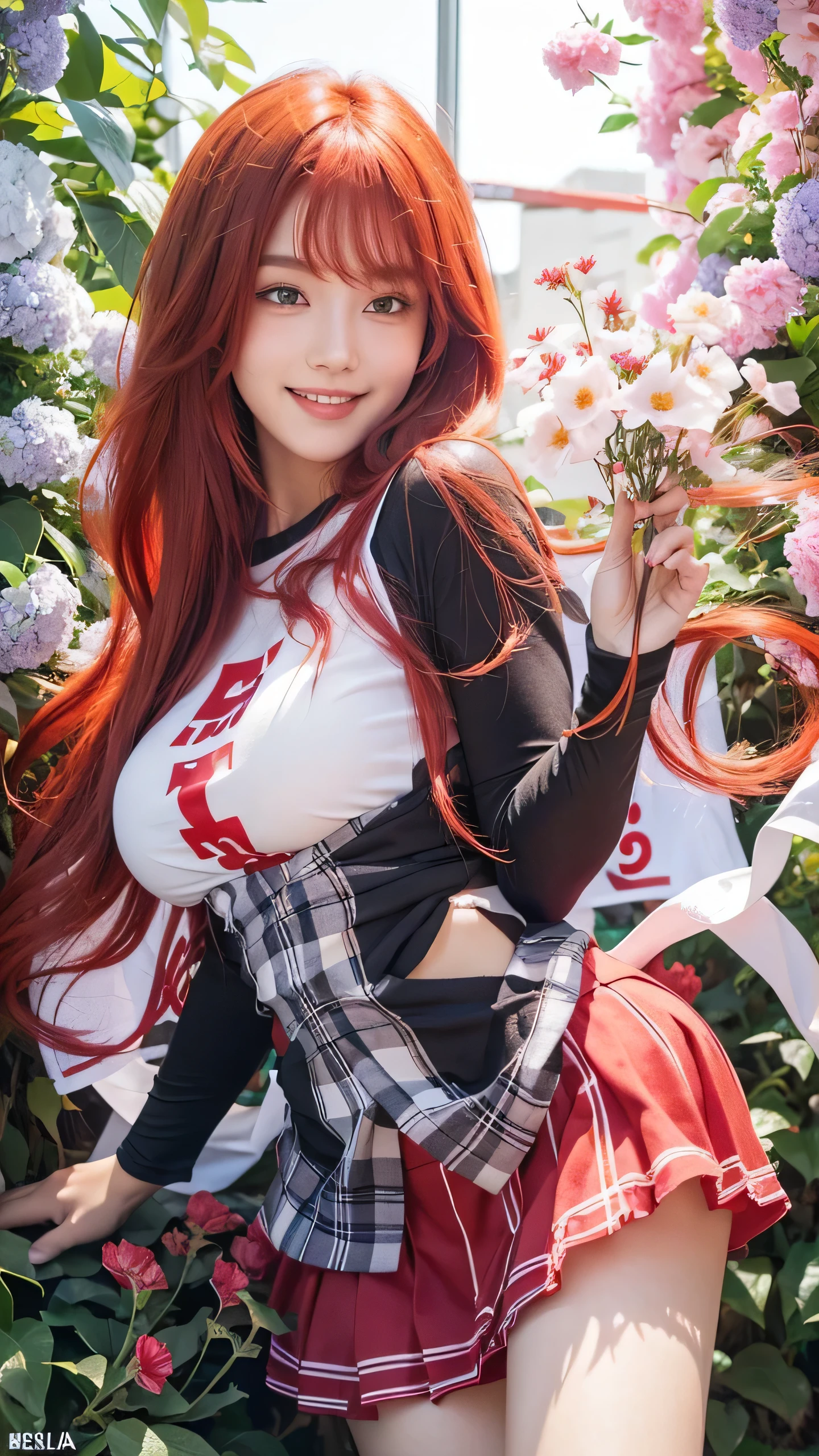 a beautyfull high school girl with red hair and a white T-shirt is posing in front of flowers, beauty smile, pretty girl