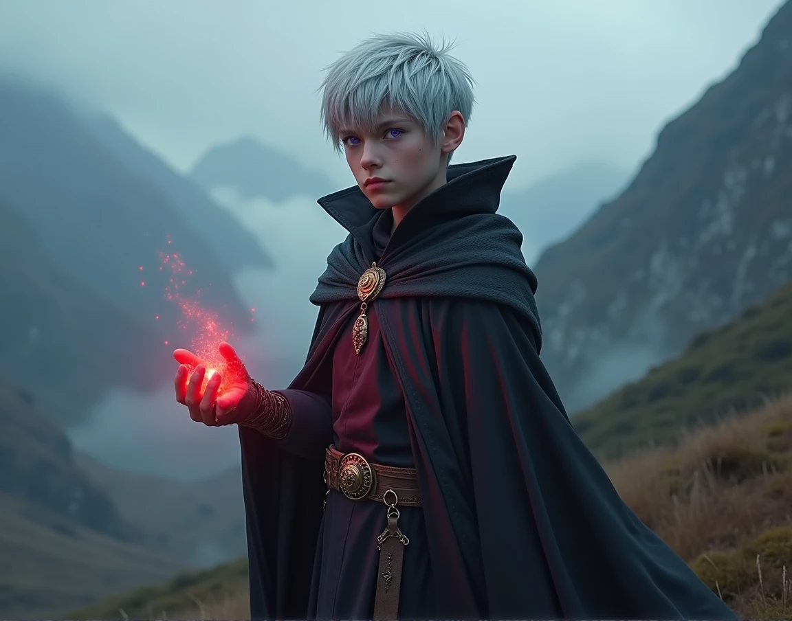 dark lord, a teenager medieval half-elf boy with silver short hair and purple eyes, Dark wizard, A boy wearing a black long cloak, misty mountains, a red crystal ring in his hand, The One Gold Ring