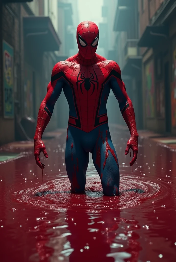 Spiderman qui sort d'une marre de sang
Sa couleur se confond avec celle de lac de sang
L'image soit être gore