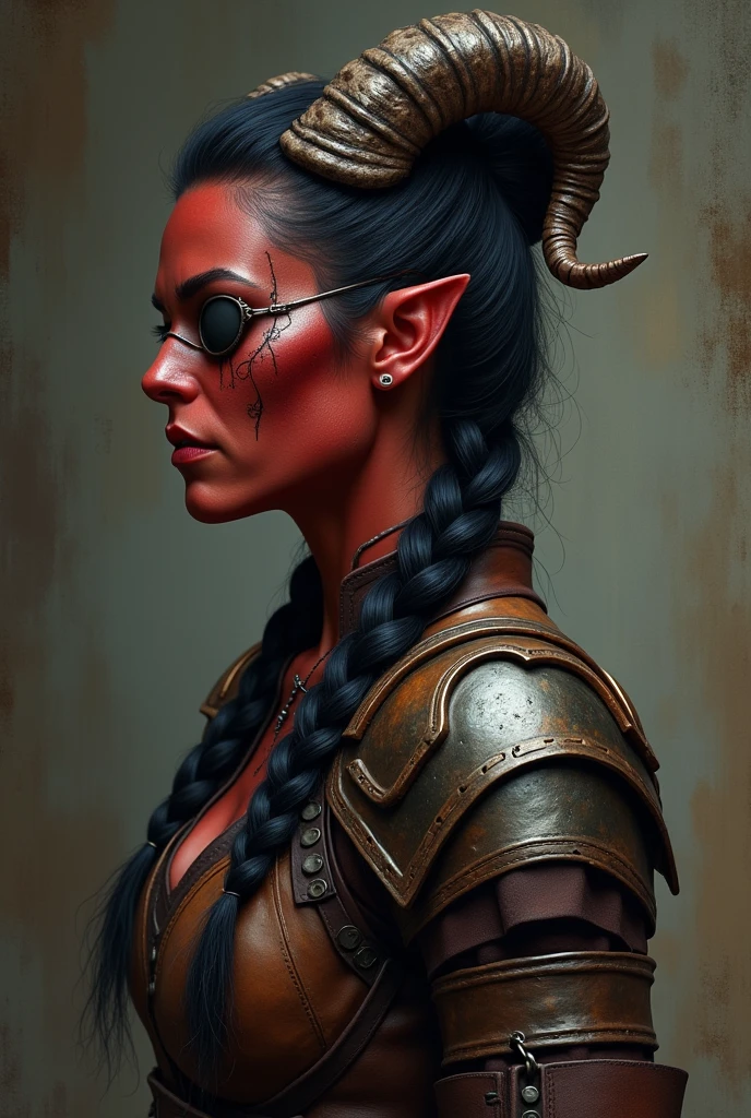 ((Mediovale)), ((perfil)), uma mulher Tiefling, reddish skin, ram horns, broken left horn, Bblack hair, hair tied in a bun, hair shaved on the sides, two braids on each side of the bangs, white eyes without scruff, eye patch on the left side, scar under the eye patch, scar on the lips on the right side, leather armour.