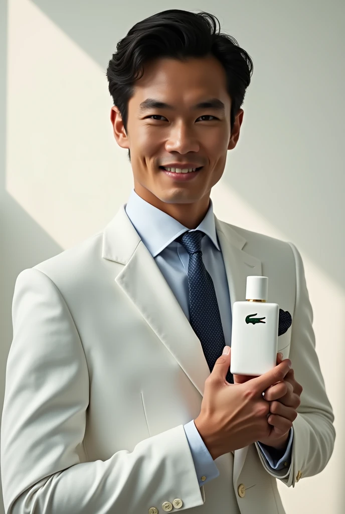An image promoting the white Lacoste cologne with its characteristics and aromas with a description