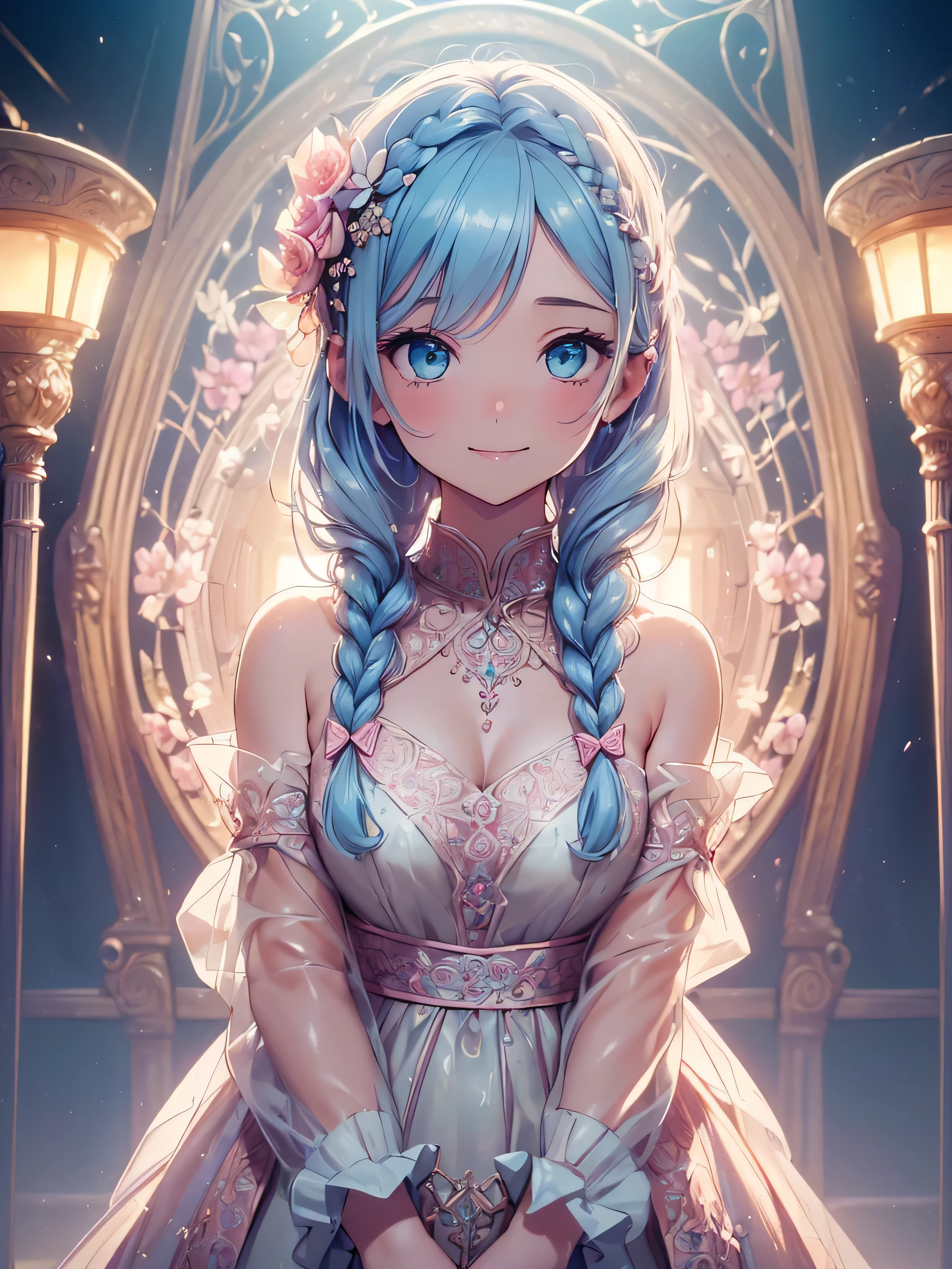 (((best quality, sharp image, clear image, cinematic lighting, 8k resolution, masterpiece, ultra detailed, intricate))) Girl, cute, intricate dress, braided hair, smiling,pastel pink, pastel blue, ((intricate background)), (flower frame), portal,frontview