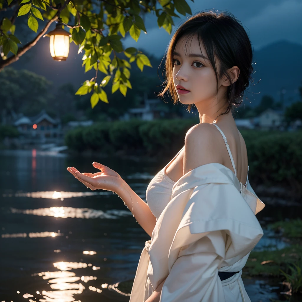 highest quality, masterpiece, High resolution,, 1 girl, detailed face, (Upper body:1.6), cyber city, mountains and rivers, night, Firefly Light, realistic, rich in details, (white hanfu:1.2), (beautiful body:1.4),illuminated by bright light