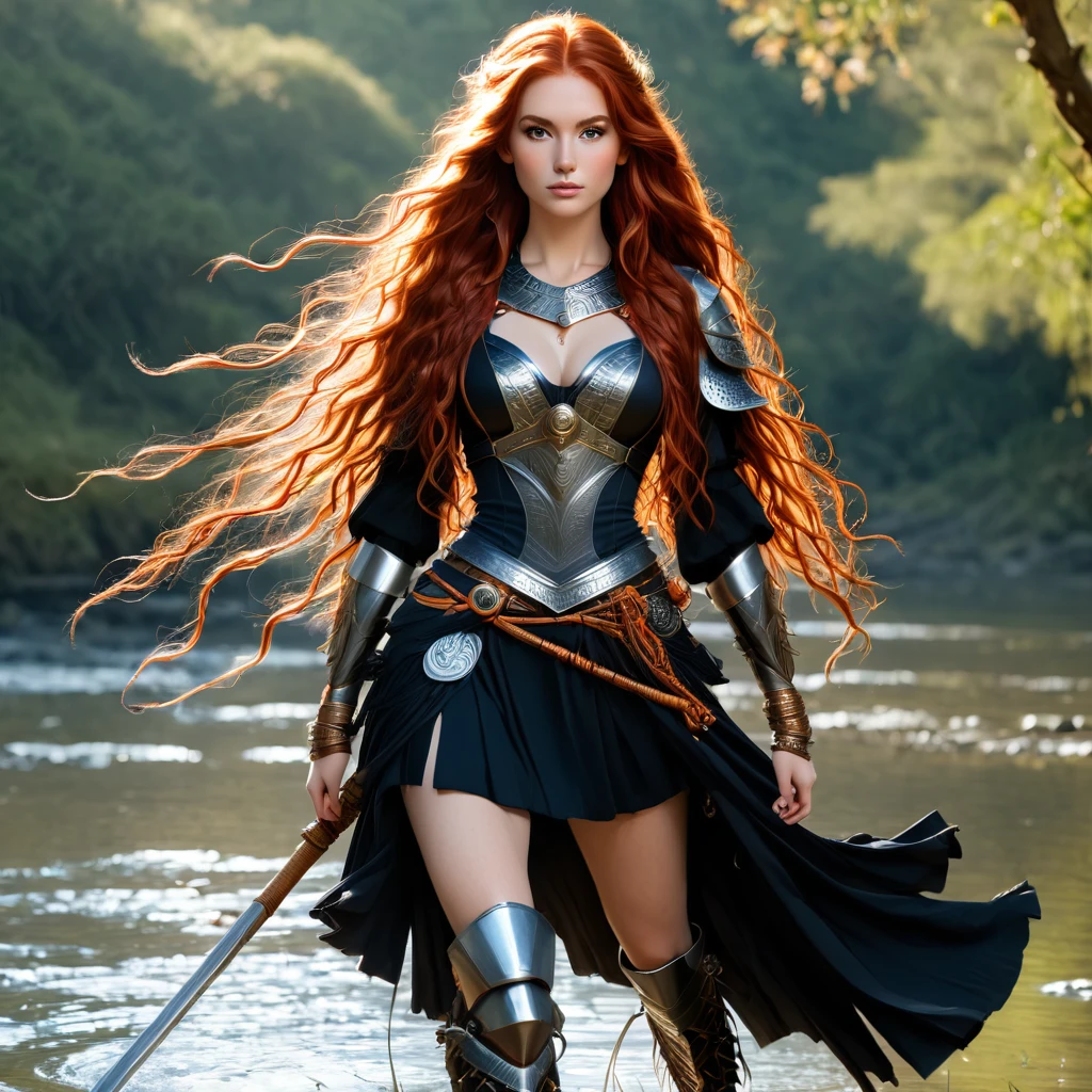 a full body image of Nayane Laura Menequel XX weeks 13, a beautiful young woman with a friendly warrior appearance, detailed light honey eyes, long red hair, wearing black boots, she is in a heron pose
