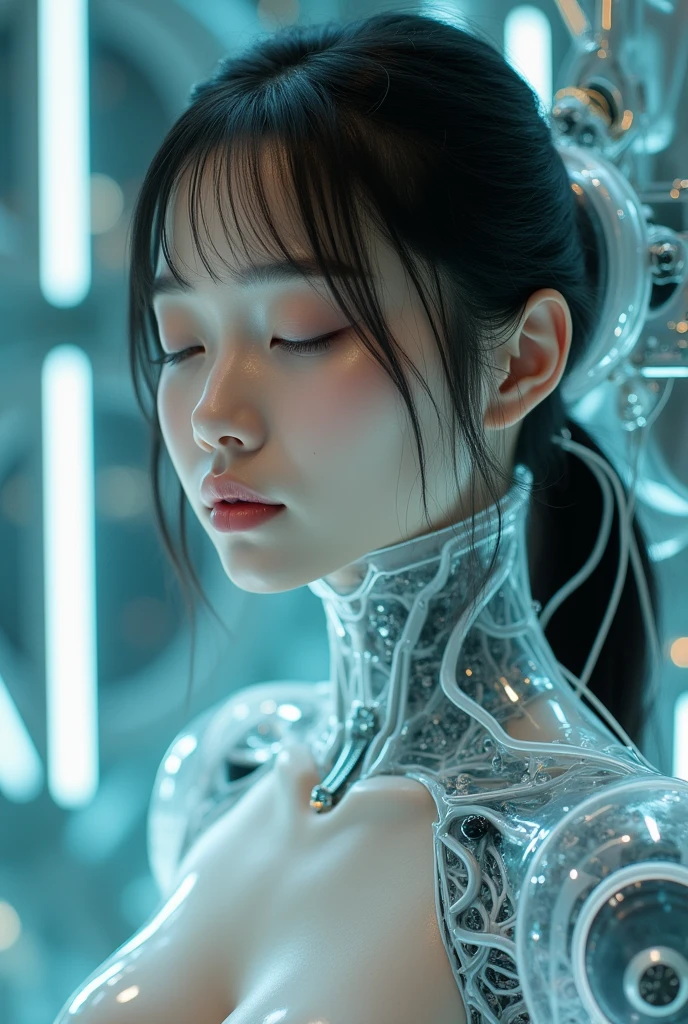 (Highest quality, High resolution, masterpiece:1.2), Very detailed, Realistic:1.37, (Perfect Anatomy),1 girl, actress, Cowboy Shot, Cute beautiful Japanese girl in her 20s, Very cute face,Standing posture,(Close ~ eyes:1.3),Beautiful Skin,Detailed facial features (Transform into the future, Shiny, Fits perfectly to the skin, High cut transparent polymer resin cyborg suit.:1.3),(Detailed electronic circuits inside the body are visible:1.43),Cables connected to the body,Manipulator that contacts the body,,(The background is the inside of the cyborg transformation machine.)..
