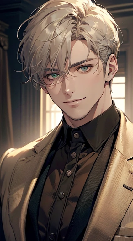((a mature man, very handsome, smile in love, short grey golden hair, green eyes, perfect face without errors)), ((buttoning the jacket, CEO)), (best quality, masterpiece, 8K, photorealistic, cinematic lighting, hdr image, ultra detailed, beautiful image), (portrait, detailed facial features, intricate textures, realistic skin tones, highly detailed, ultra-realistic), (warm lighting, soft shadows, dramatic lighting), (muted color palette, rich tones), (professional photography, high resolution, studio lighting)