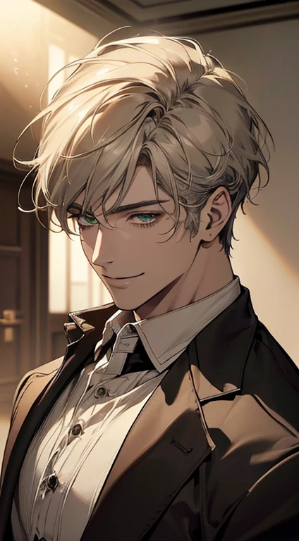 ((a mature man, very handsome, smile in love, short grey golden hair, green eyes, perfect face without errors)), ((buttoning the jacket, CEO)), (best quality, masterpiece, 8K, photorealistic, cinematic lighting, hdr image, ultra detailed, beautiful image), (portrait, detailed facial features, intricate textures, realistic skin tones, highly detailed, ultra-realistic), (warm lighting, soft shadows, dramatic lighting), (muted color palette, rich tones), (professional photography, high resolution, studio lighting)