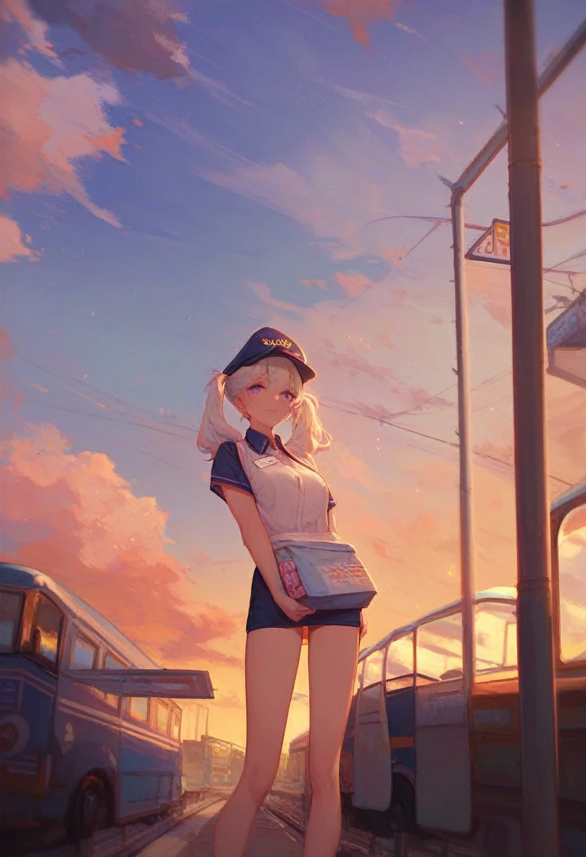 1girl, solo, white hair, purple eyes, twintails, employee uniform, mini skirt, crossbones print, navy cap, orange sky,, outdoors, train station, standing in front of bus,, 