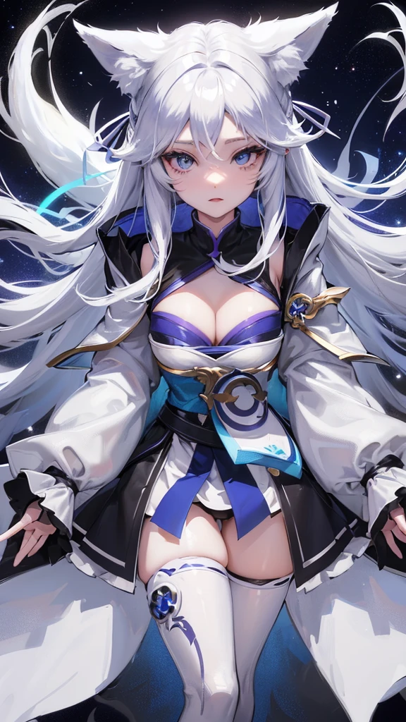 Defined female body, thick thighs, create the outfit that matches, long white hair, but with a gradient color of blue and purple at the ends, blue eyes. She has white fox ears and tail, but with blue at the tips. Star mark on the forehead with the color blue. (character sheet), (multiple views). (KITSUNE)