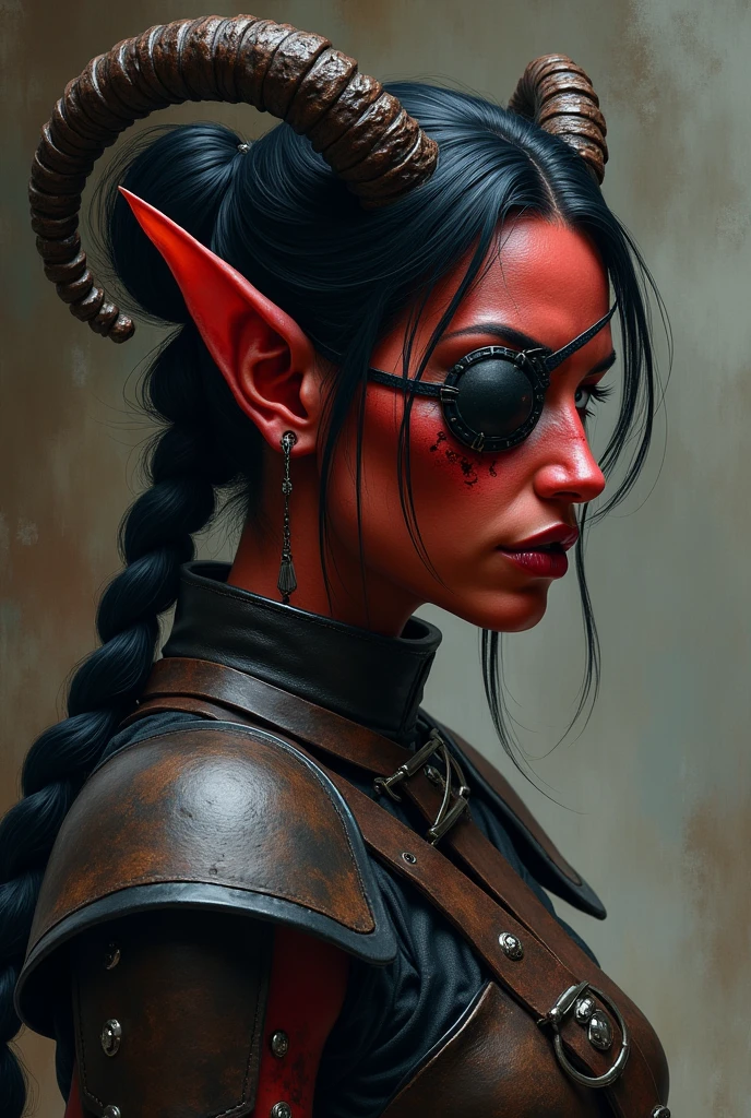 ((Mediovale)), ((perfil)), uma mulher Tiefling, reddish skin, ram horns, broken left horn, Bblack hair, hair tied in a bun, hair shaved on the sides, two braids on each side of the bangs, white eyes without scruff, eye patch on the left side, scar under the eye patch, scar on the lips on the right side, leather armour.