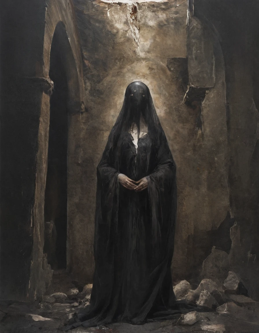 a surreal, dystopian oil painting of a desolate, apocalyptic landscape, Denis Forkas painting style, Nicola Samori painting style, detailed portrait morbid and creepy naked females veiled white walking among the ruins, high desolated buildings, lunar eclipse, dark and gloomy color palette, dramatic lighting, (cinematic:1.2), (photorealistic:1.37), (hyper detailed:1.15), (masterpiece:1.3), (best quality,8k,extremely detailed,ultra-realistic:1.4), melting ink, splattered ink, red, yellows, overlay textures