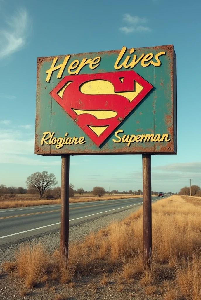 a roadside advertisement where you flirt "Here lives Superman" and add your logo, The announcement is like those welcoming people to the towns in the USA, The announcement is like the old ones with nice handwritten letters