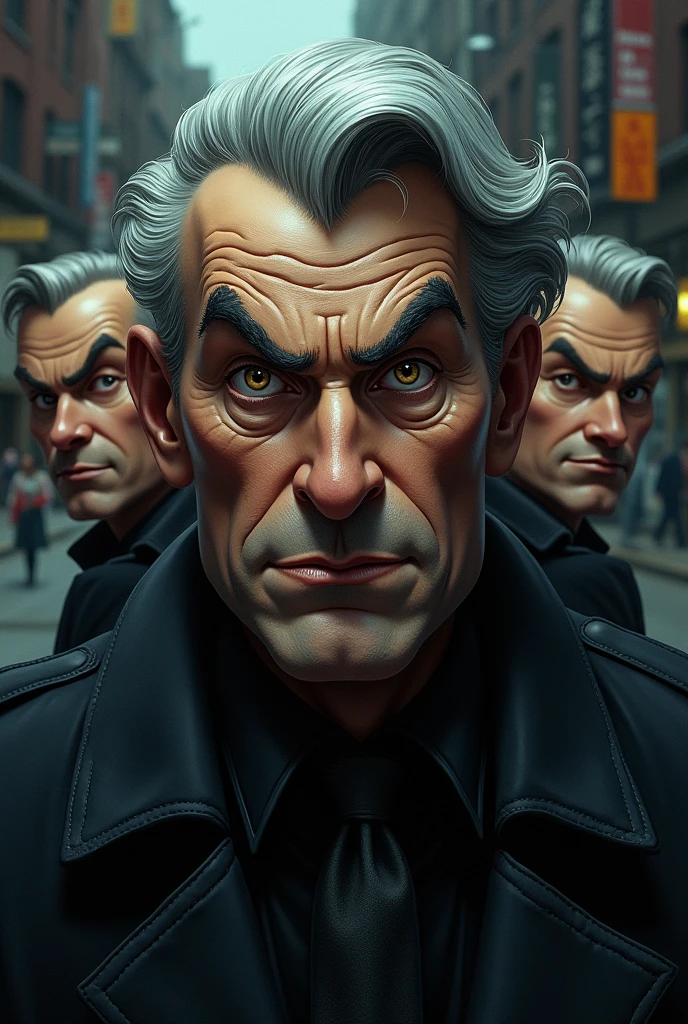 a detailed portrait of the Beagle Boys, highly detailed facial features, expressive eyes, mischievous expressions, gray hair, criminal outfits, dynamic poses, urban city background, cinematic lighting, gritty atmosphere, dark color palette, photorealistic, masterpiece