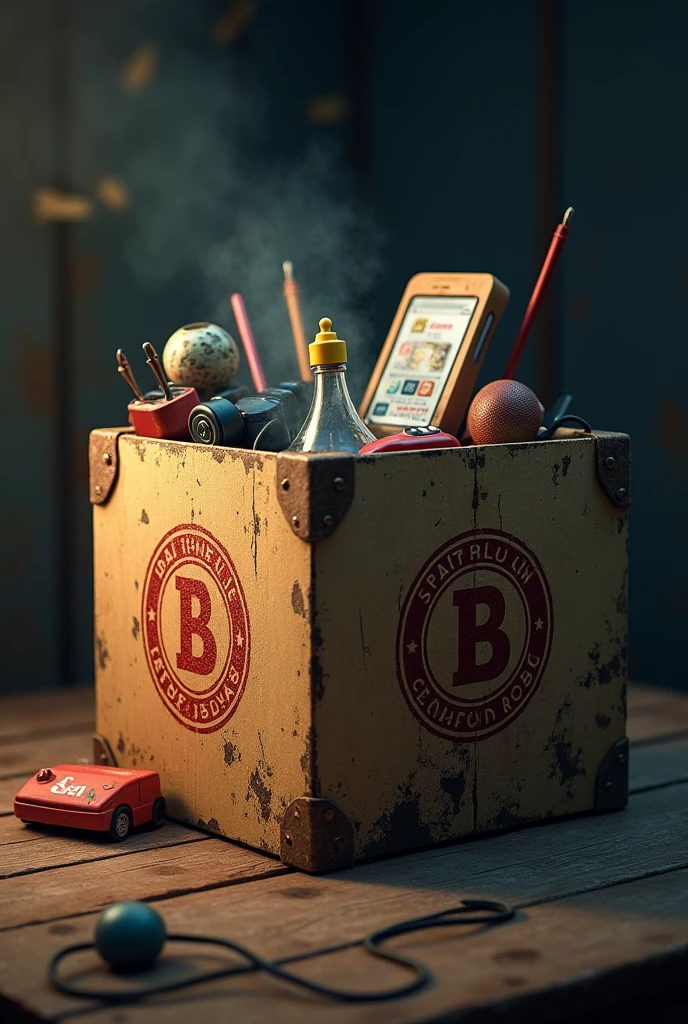 A mystery box with electronic accessories and toys with the stamp logo