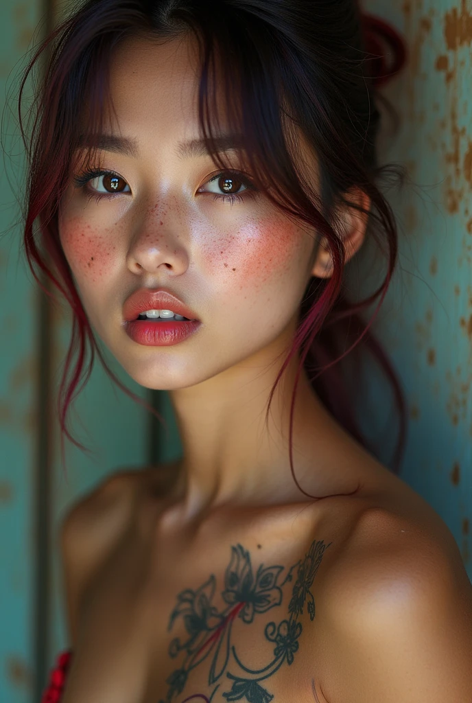 thai girl, beautiful face features, light freckles, fun colorful hair, fully naked tattoed body, fishnet stocking looking away, nqked girl features