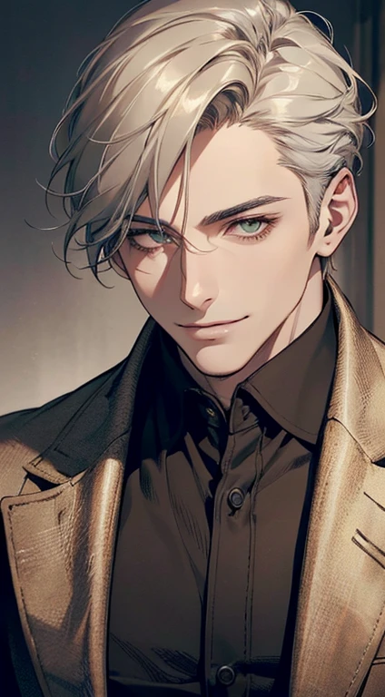 ((a mature man, very handsome, smile in love, short grey golden hair, green eyes, perfect face without errors)), ((buttoning the jacket, CEO)), (best quality, masterpiece, 8K, photorealistic, cinematic lighting, hdr image, ultra detailed, beautiful image), (portrait, detailed facial features, intricate textures, realistic skin tones, highly detailed, ultra-realistic), (warm lighting, soft shadows, dramatic lighting), (muted color palette, rich tones), (professional photography, high resolution, studio lighting)