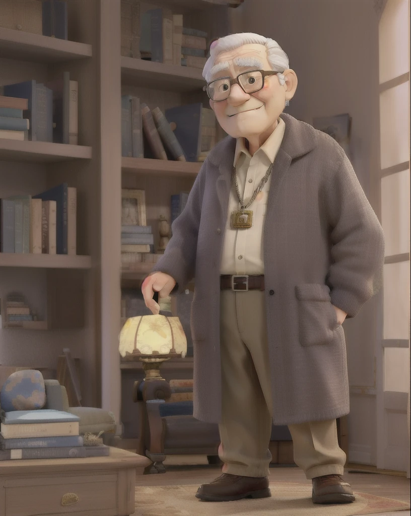 A wise old man standing in front, with the holy bible, with the living room as a backdrop.