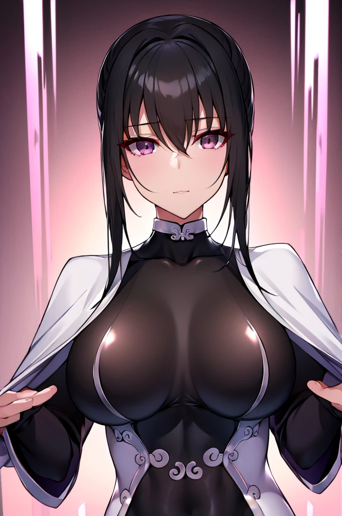 erotic、fgo Qin Liangyu、Double Bang、tall、 mature, Married women, A shiny pale pink and white rubber suit、turtleneck、邪evilな女戦闘員, Pink and black background, Pitch-dark bedroom, Dark Theme, evil, lure, excited, Condescending and expressionless, Lightly open your mouth、Sexy pose, Upper Body,