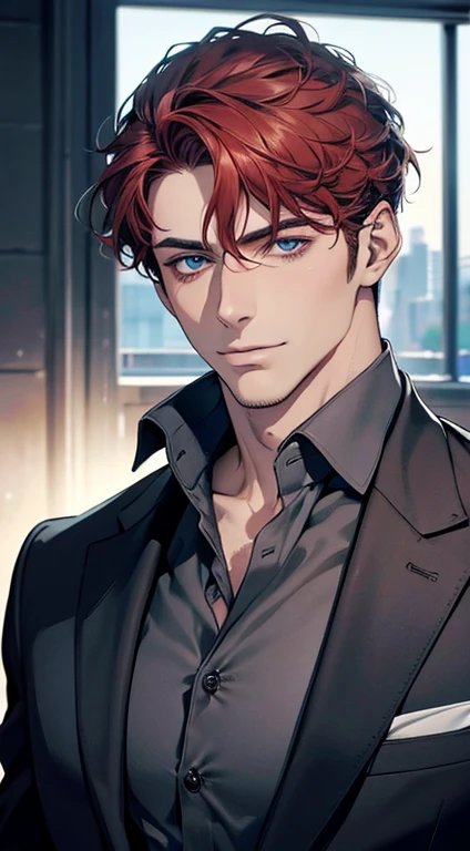 (best quality,4k,8k,highres,masterpiece:1.2),ultra-detailed,(realistic,photorealistic,photo-realistic:1.37),1 man,31 years old,mature man,very handsome,without expression,smile,short grey red hair,blue eyes,penetrating gaze,perfect face without errors,imposing posture,businessman,office background,cinematic lighting,hdr image