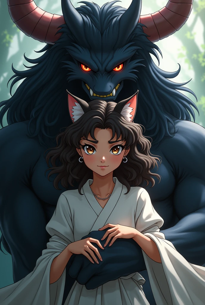 I want a girl who is about , very curly brown hair, dark brown skin, short brown eyes with cat ears being carried by sesshomaru from Inuyasha