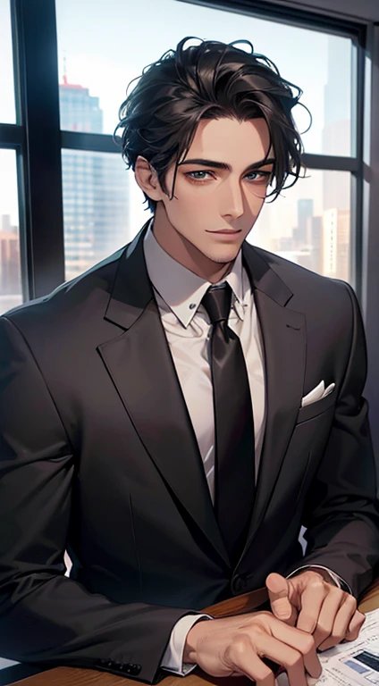 (Highest quality,4K,8K,High resolution,masterpiece:1.2),Super detailed,(Realistic,photoRealistic,photo-Realistic:1.37),1 person,34 years old,Mature Men,Beautiful skin、very handsome,Expressionless smile in love,Short gray Black hair,green eyes,Sharp Eyes,A perfect face without a doubt,Businessman, CEO, Office Background,Cinema Lighting,HDR image,tie、