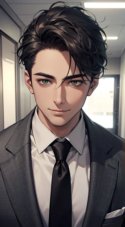 (Highest quality,4K,8K,High resolution,masterpiece:1.2),Super detailed,(Realistic,photoRealistic,photo-Realistic:1.37),1 person,34 years old,Mature Men,Beautiful skin、very handsome,Expressionless smile in love,Short gray Black hair,green eyes,Sharp Eyes,A perfect face without a doubt,Businessman, CEO, Office Background,Cinema Lighting,HDR image,tie、