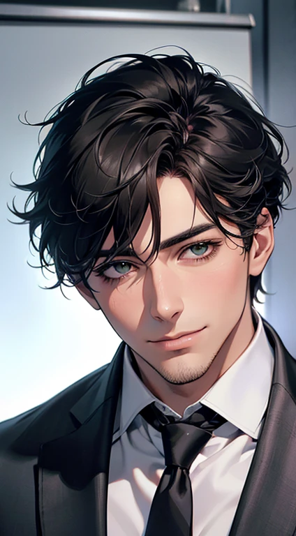 (Highest quality,4K,8K,High resolution,masterpiece:1.2),Super detailed,(Realistic,photoRealistic,photo-Realistic:1.37),1 person,34 years old,Mature Men,Beautiful skin、very handsome,Expressionless smile in love,Short gray Black hair,green eyes,Sharp Eyes,A perfect face without a doubt,Businessman, CEO, Office Background,Cinema Lighting,HDR image,tie、