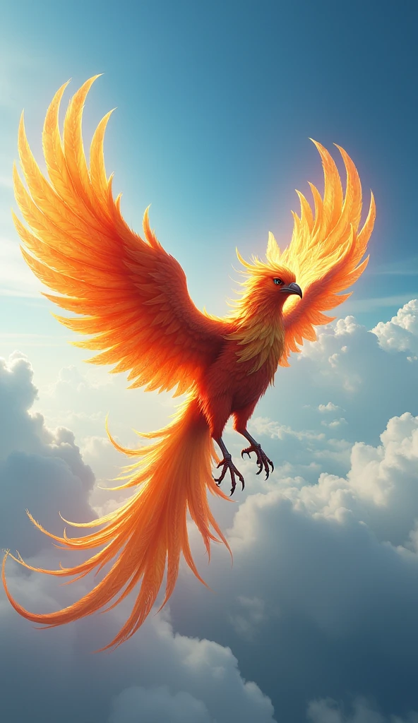 A phoenix spreading its wings and flying gracefully high in the sky