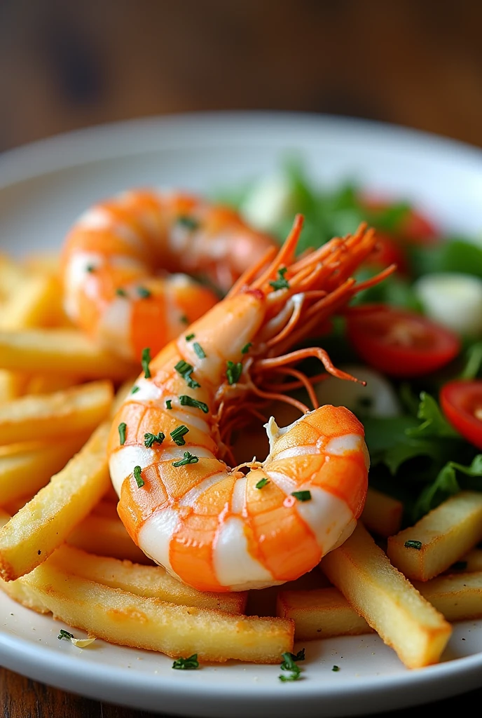 Prawn with French fries and salad 

