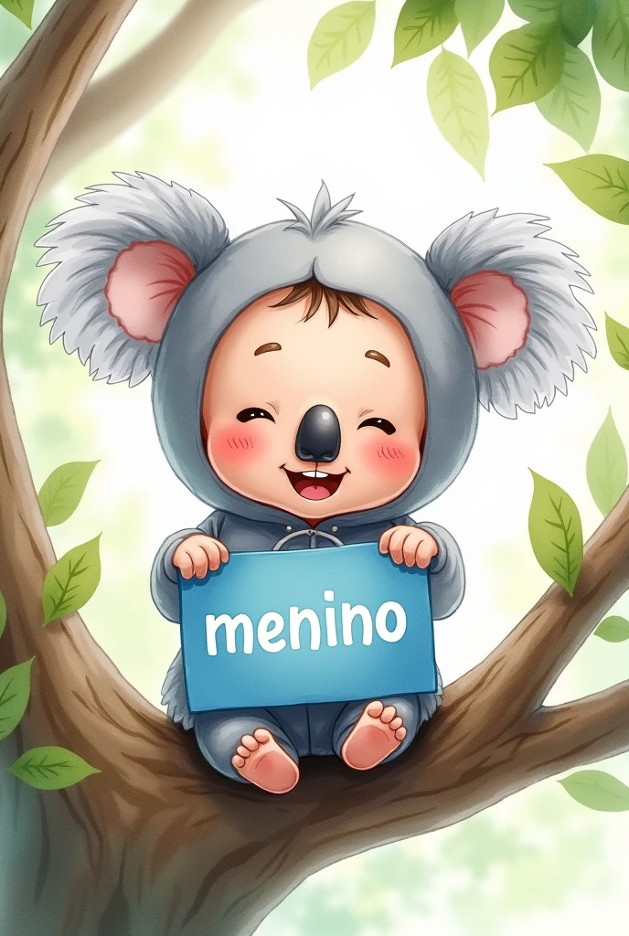 Water color 2d happy  boy dressed as a grey koala without tail. Sitting on a tree branch
Holding a blue sign written: menino