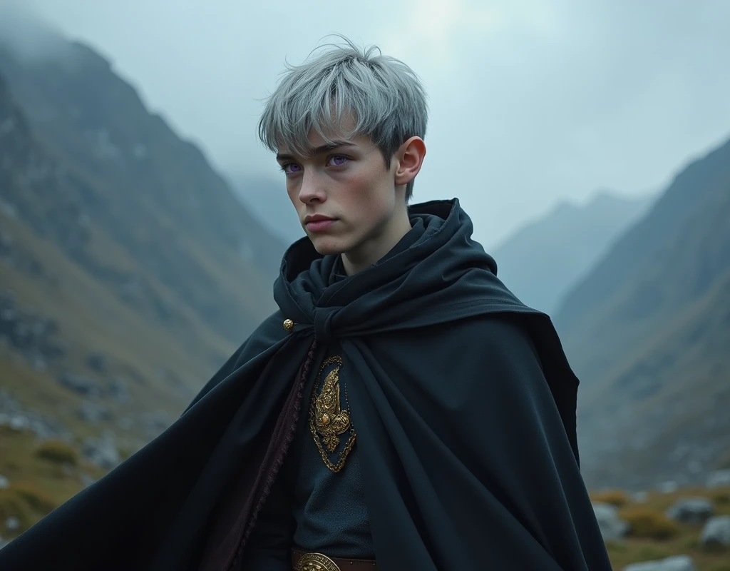 dark lord, a  medieval half-elf boy with silver short hair and purple eyes, Dark wizard, A boy wearing a black long cloak, misty mountains, The One Gold Ring