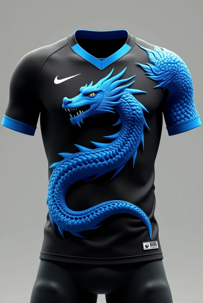 Football uniform without player, with black color ,with giant blue dragon ,by nike brand