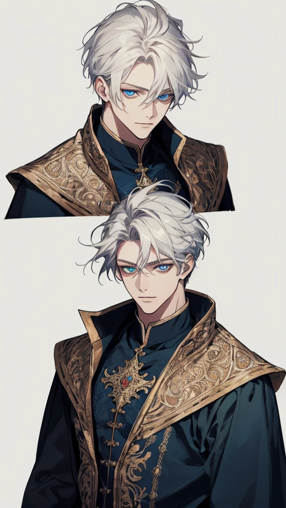 (extreamly delicate and handsome:1.2), 8K,(шедевр:1.0),(best_quality:1.0), 1boy, and intricate detailing, Enlarged textures, and intricate detailing, finely eye and detailed face, white simple medieval outfit, ruinscape background, (closed mouths),long white hair, Perfect eyes, blue sea eyes, Equal eyes, (A male god)
