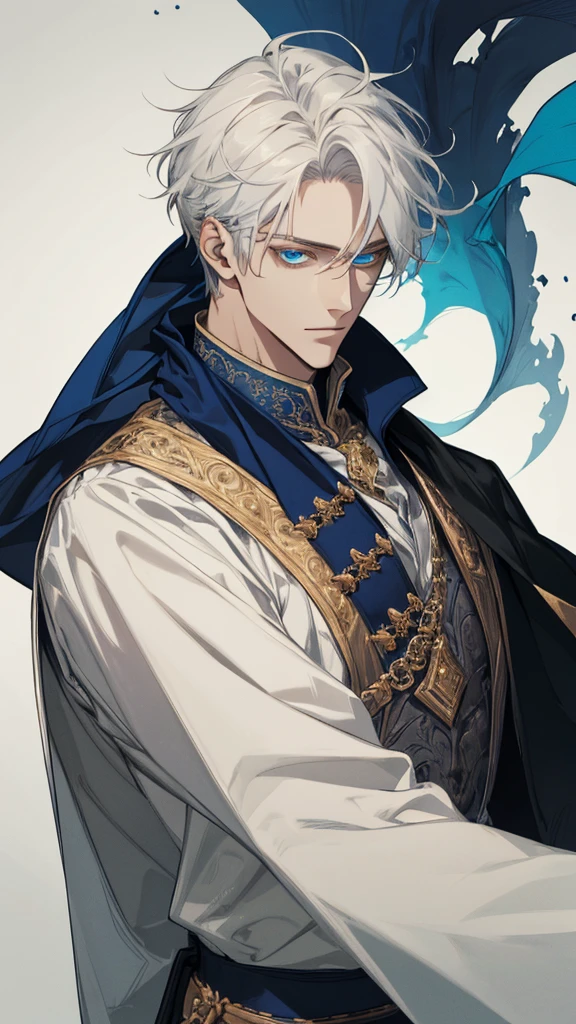 (extreamly delicate and handsome:1.2), 8K,(шедевр:1.0),(best_quality:1.0), 1boy, and intricate detailing, Enlarged textures, and intricate detailing, finely eye and detailed face, white simple medieval outfit, ruinscape background, (closed mouths),long white hair, Perfect eyes, blue sea eyes, Equal eyes, (A male god)