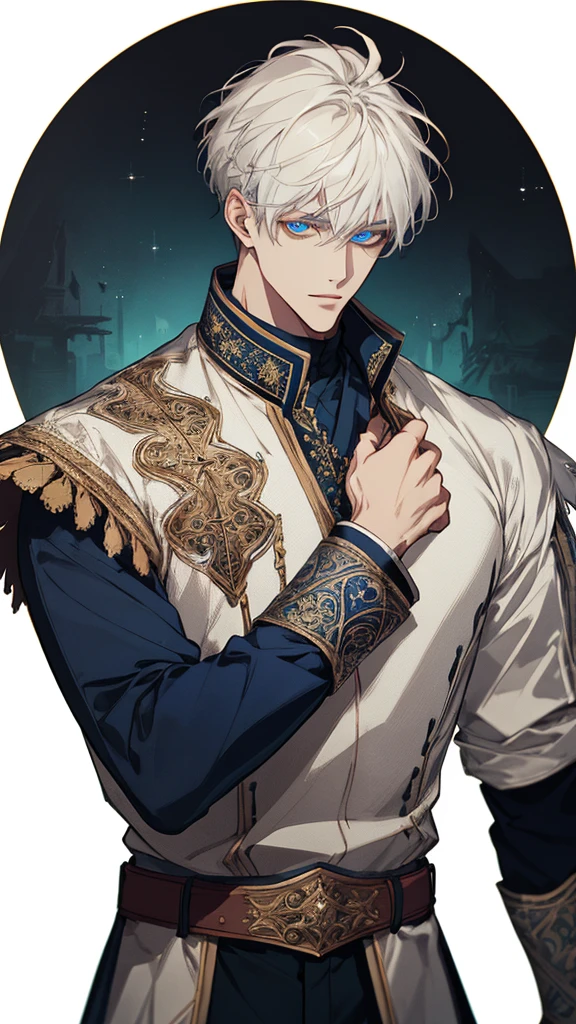 (extreamly delicate and handsome:1.2), 8K,(шедевр:1.0),(best_quality:1.0), 1boy, and intricate detailing, Enlarged textures, and intricate detailing, finely eye and detailed face, white simple medieval outfit, ruinscape background, (closed mouths),long white hair, Perfect eyes, blue sea eyes, Equal eyes, (A male god)