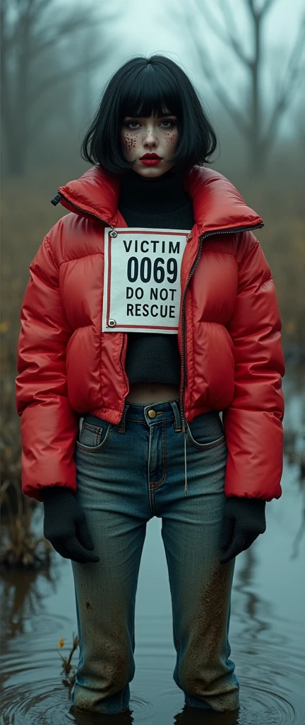 woman, bib "VICTIM 0069 DO NOT RESCUE", moncler ultra-short sporty collar only down jacket, faded flared jeans, stuck in mud bog,pale ethnic patterns ritual makeup, cold, red lips, sexy posing, bob haircut,