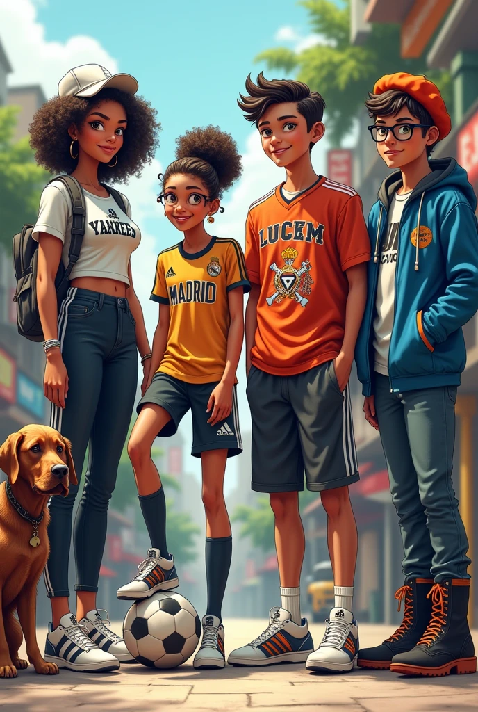 Tall girl Yankees cap sport shirt tight pants Adidas shoes, next to a curly-haired girl wearing a Madrid number 10 shirt, Adidas cleats and a soccer ball on her foot, next to a young man wearing a Luffy shirt and Adidas Forum shoes, and next to him a man with green eyes wearing a beret and reading glasses, wearing a blue jacket and Harley boots, next to him a brown dog